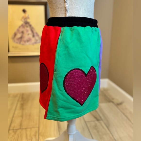 New! QUEEN OF SPARKLES Color Block Rhinestone Heart Skort - Picture 3 of 11